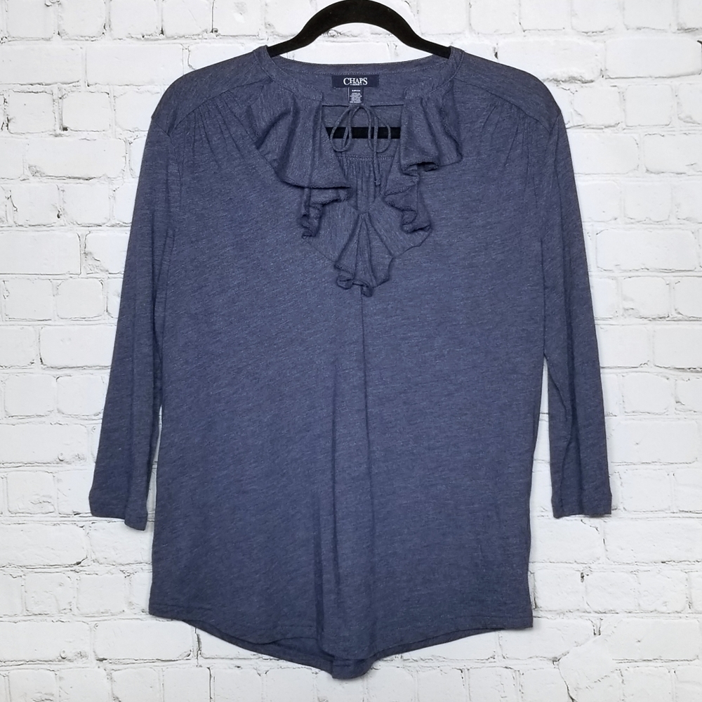 Chaps ruffle tie neck dark blue 3/4 sleeve t-shirt